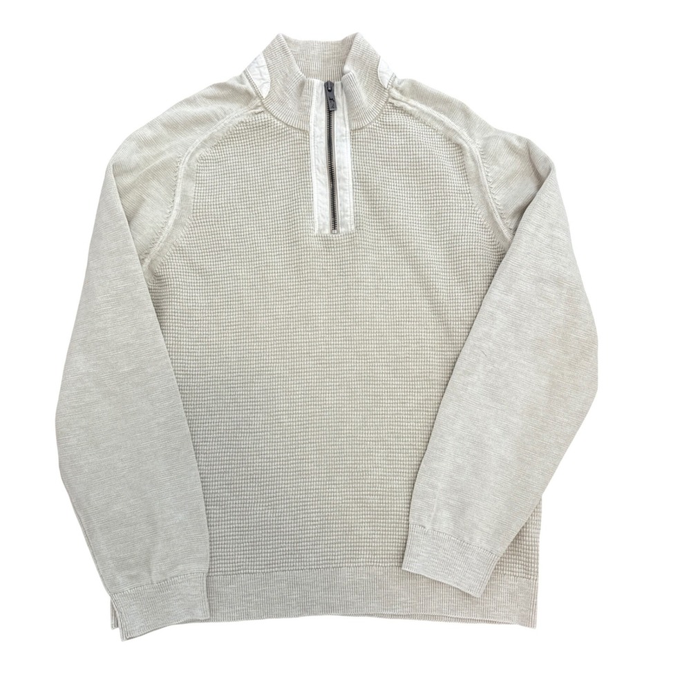 Tommy Bahama Quarter Zip Sweater Mens Medium Cream Waffle Knit Cotton Mock Neck